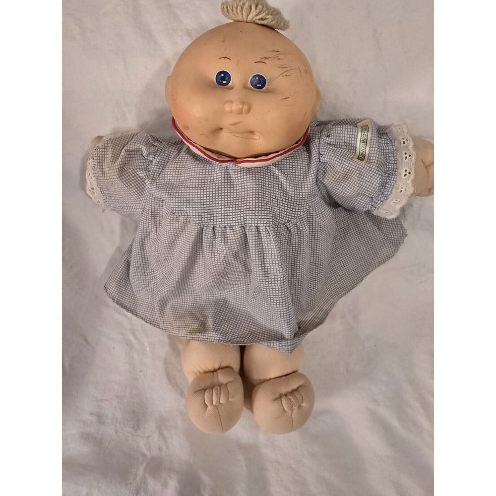 Cabbage Patch Kids Baby Doll 1978 Green Eyes Blonde Yarn Hair Blue Outfit